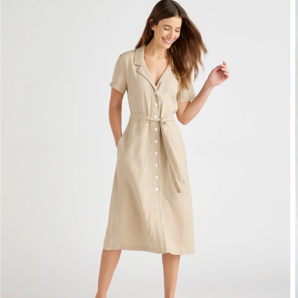 Button-Front Short Sleeve Midi Dress in Beige NWOT
